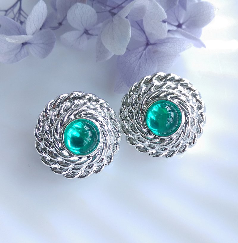Vintage Jewelry 西洋古董飾品 銀色調 綠 針式耳環 - 耳環/耳夾/耳骨夾 - 其他金屬 透明