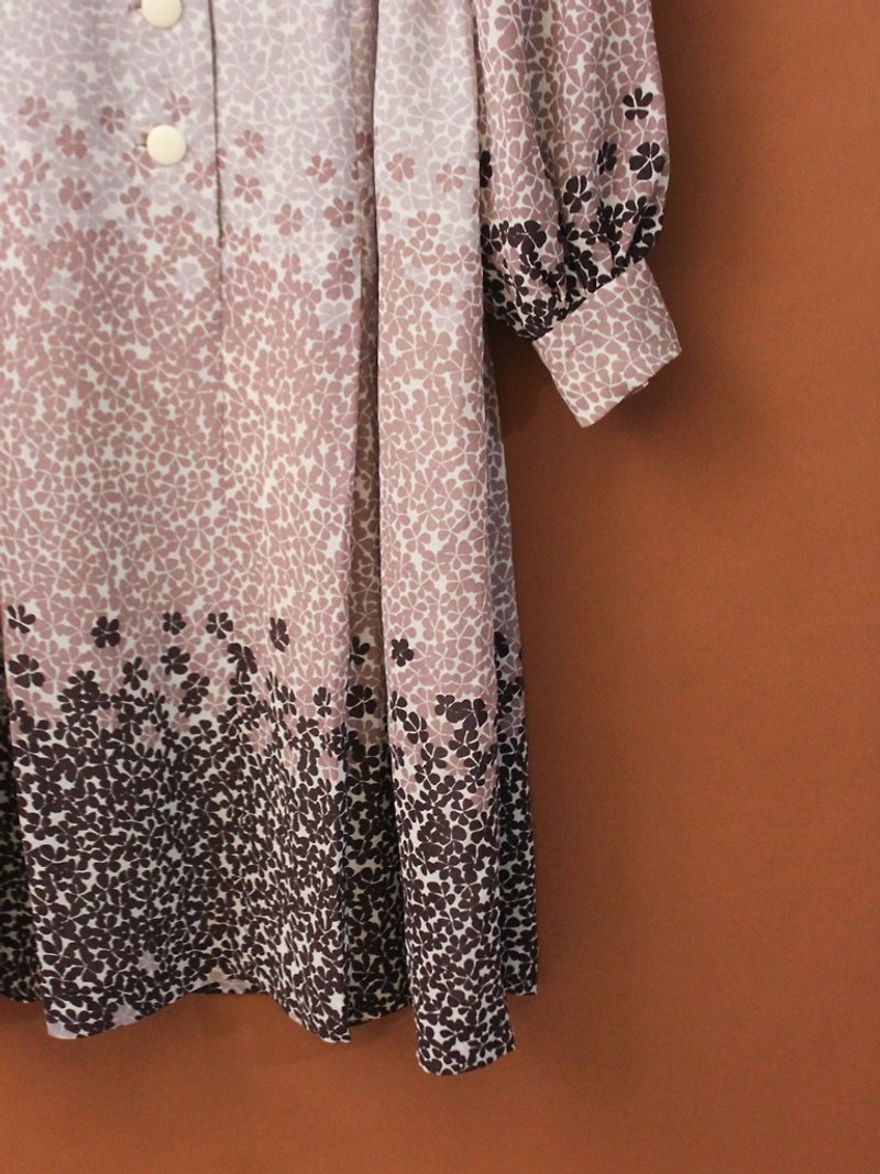 復古秋冬日本製漸層碎花領結藕粉色長袖古著洋裝 Vintage Dress - 洋裝/連身裙 - 聚酯纖維 粉紅色