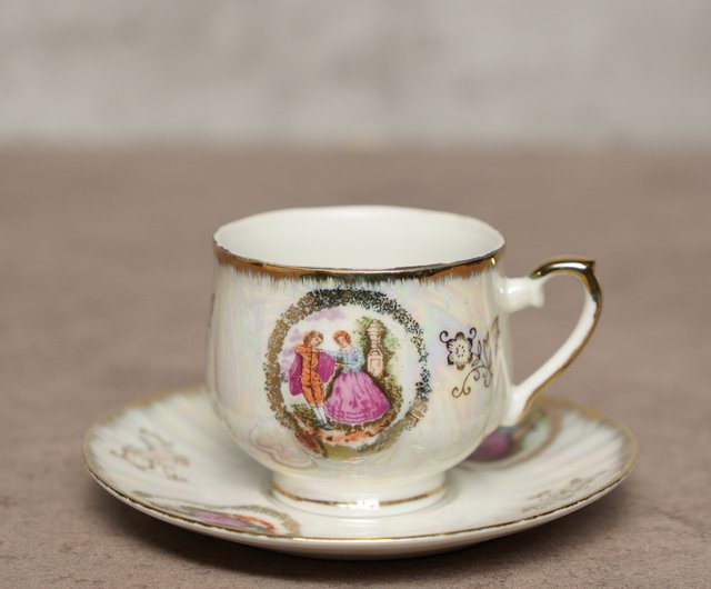 Vintage Hand Painted Gold Green Fragonard Design Coffee Cup on sale & Saucer Made In Germany