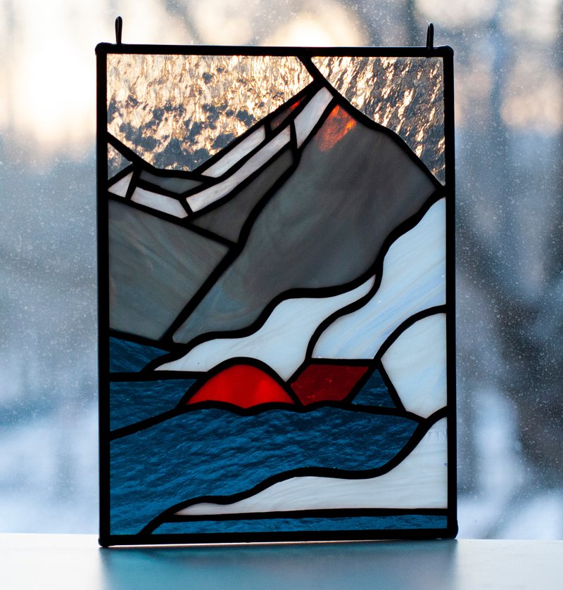 Stained glass window. Scene in the mountains. Minimalism style - Wall Décor - Glass Gray