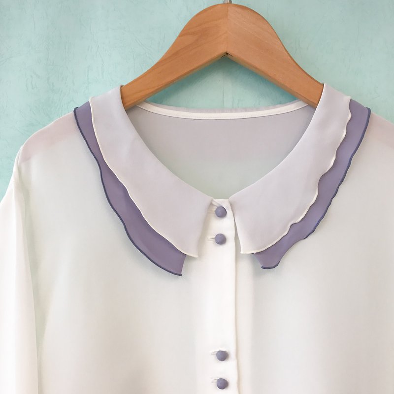 ... {acorn girls :: vintage jacket} white purple double-necked long-sleeved shirt - เสื้อเชิ้ตผู้หญิง - เส้นใยสังเคราะห์ ขาว