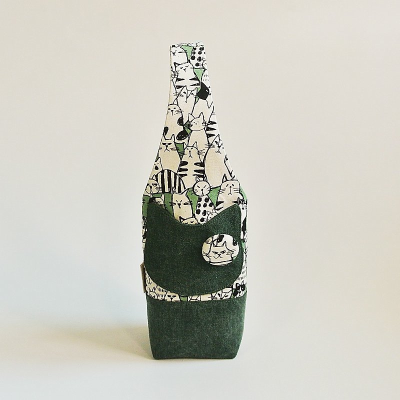 New Green Cat - Kettle Bag / Mug Bag / Beverage Bag / Umbrella Bag - ถุงใส่กระติกนำ้ - ผ้าฝ้าย/ผ้าลินิน สีเขียว