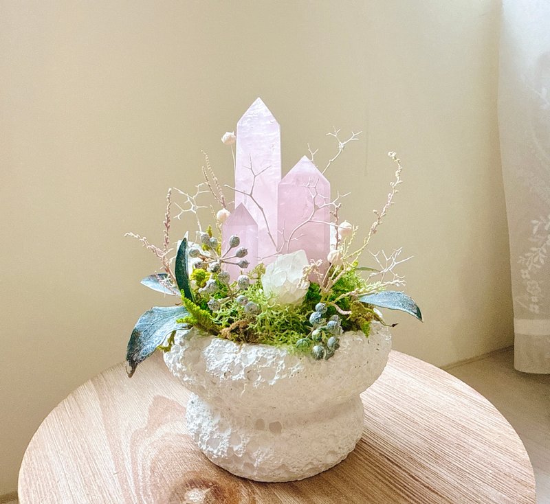 相遇的緣分。粉水晶 白水晶簇 永生葉材綠植栽 - 盆栽/植栽 - 水晶 粉紅色