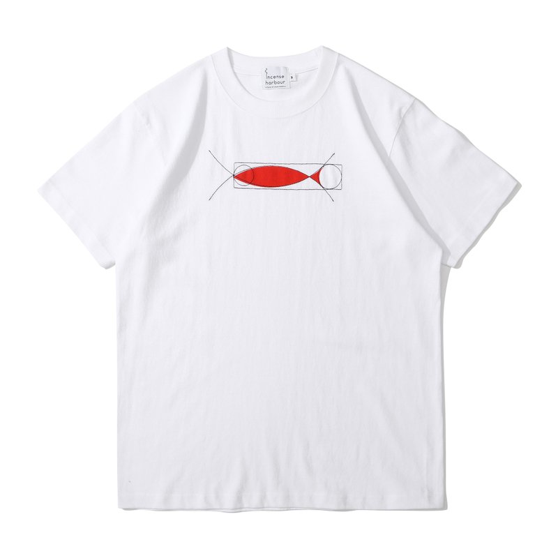 Incense Harbour Embroidery and Print T-shirt- Fish Drawing White - เสื้อฮู้ด - ผ้าฝ้าย/ผ้าลินิน ขาว