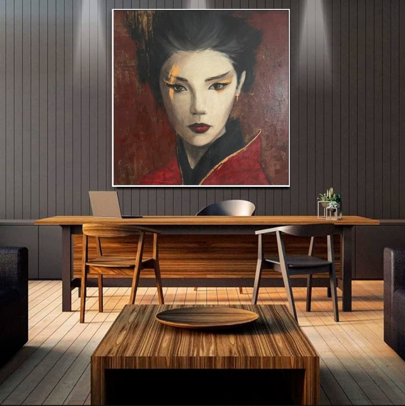 Large Abstract Asian Woman Paintings On Canvas Black And Red Colors Figurative - ตกแต่งผนัง - อะคริลิค หลากหลายสี