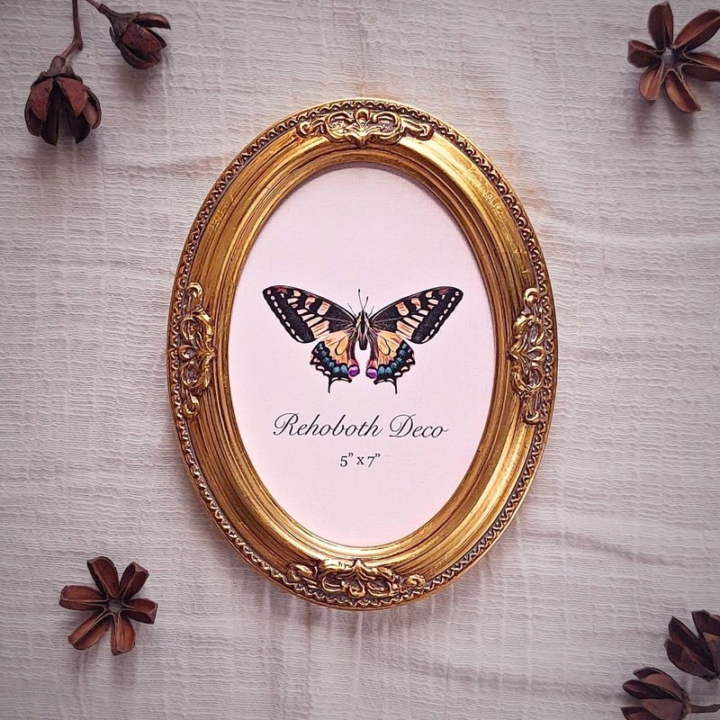 [Brilliant Gold Trésor] 5x7 inches (13x18cm) handmade wooden - hand-pasted gold foil classical oval frame - กรอบรูป - ไม้ สีทอง