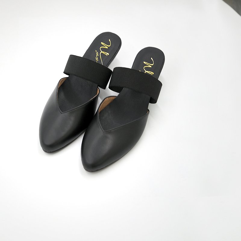 Mules V (fine black) Black Mules Low Heels | WL - รองเท้าอ็อกฟอร์ดผู้หญิง - หนังแท้ 