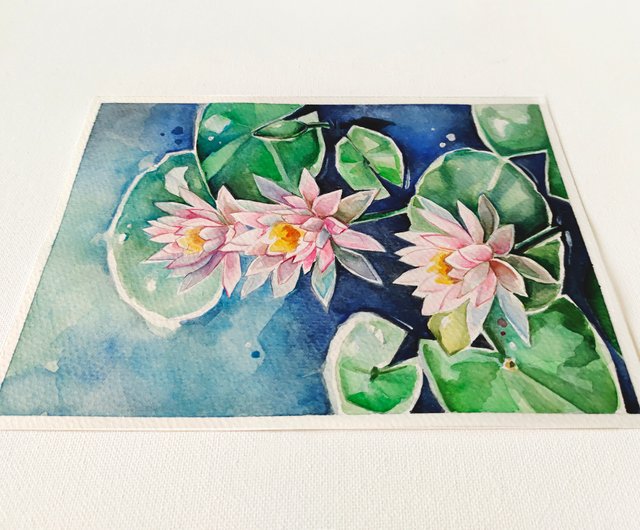 睡蓮絵画蓮アートオリジナル絵画水彩花手描き - ショップ