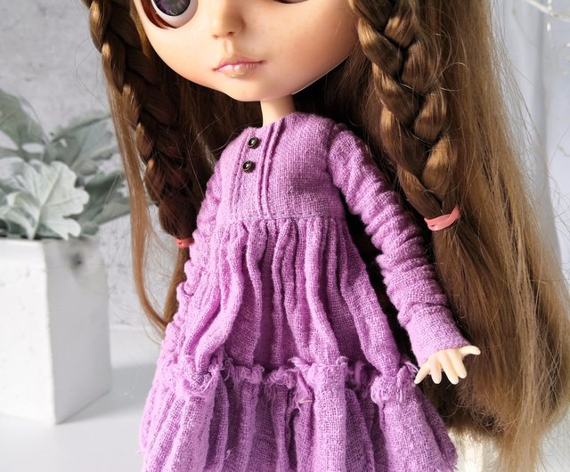 Cute discount lavender dress for Neo Blythe, Monster patch, pockets, tulle ruffle, Shoulder patches, Knitted purple dress for Pullip, Blythe clothes