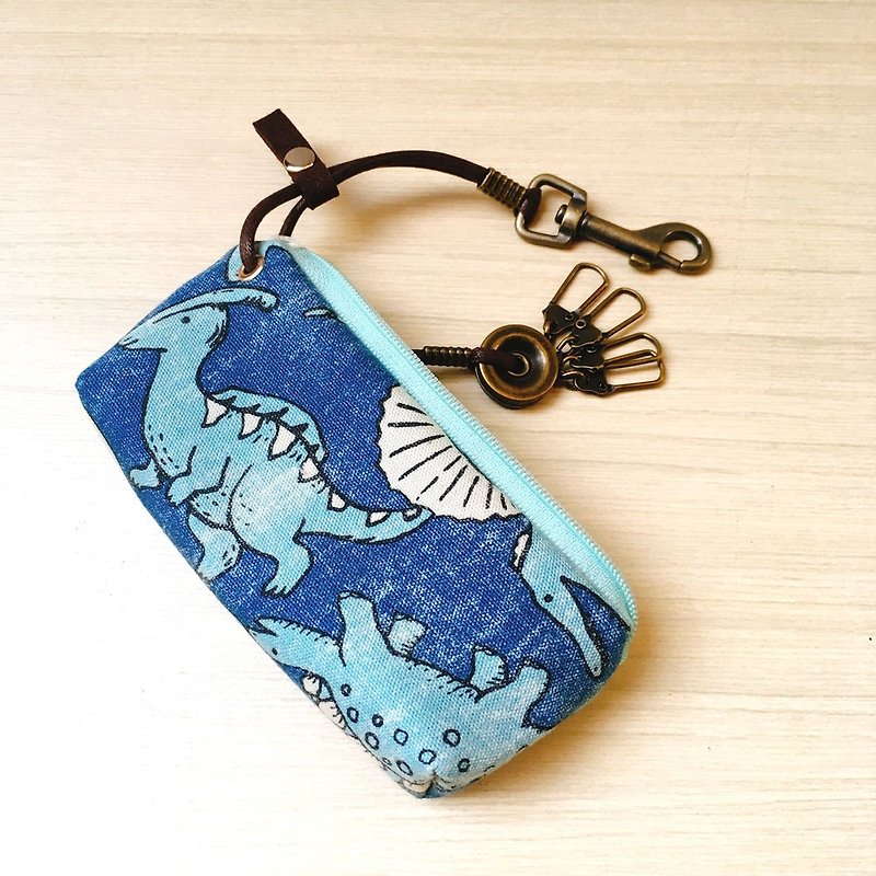拉鍊鑰匙包 (恐龍丸) 日本布 接單生產* - 鑰匙圈/鎖匙扣 - 棉．麻 藍色