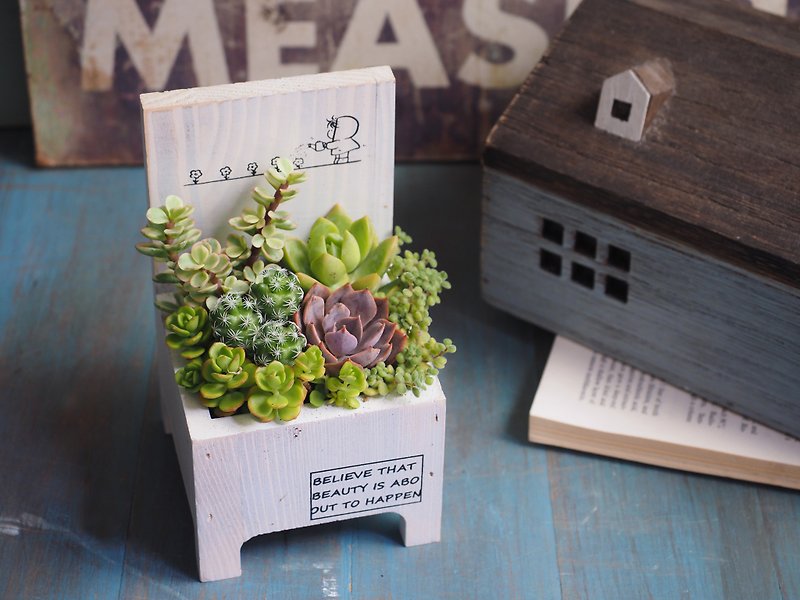 Healing Series | Rustic White Wooden Chair Succulent Plants. housewarming. gift giving. promotion - ตกแต่งต้นไม้ - ไม้ 