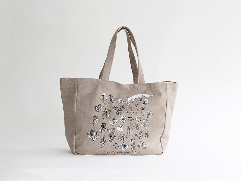 Tote bag (Flower and Fox/Gray Khaki) - กระเป๋าแมสเซนเจอร์ - ผ้าฝ้าย/ผ้าลินิน สีกากี