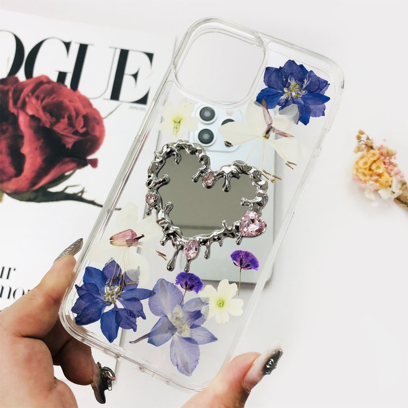 Natural Blue White Flower Pressed Mirror Phone Case for iPhone 16 Samsung S25 - เคส/ซองมือถือ - พืช/ดอกไม้ 