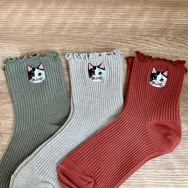 Cat ankle socks【nyaigs】Tabby Cat _3P set - ถุงเท้า - ผ้าฝ้าย/ผ้าลินิน สีเขียว