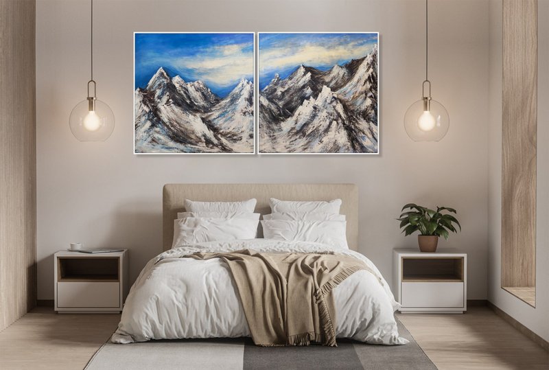 Large Abstract Snowy Mountains Artwork Original Diptych Paintings On Canvas - 壁貼/牆壁裝飾 - 壓克力 多色