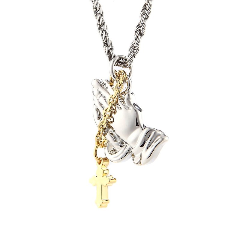 十字祈禱手項鍊 Praying Hands Necklace - 項鍊 - 其他金屬 銀色