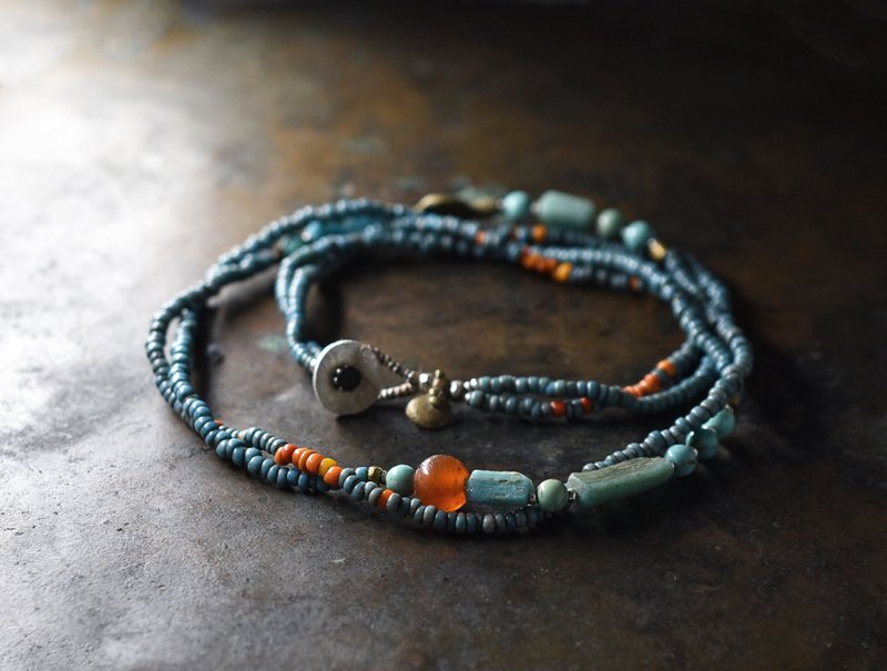 Mizoram carnelian and Roman glass, light blue seed beads, turquoise, African brass double strand necklace - สร้อยคอ - แก้ว สีน้ำเงิน