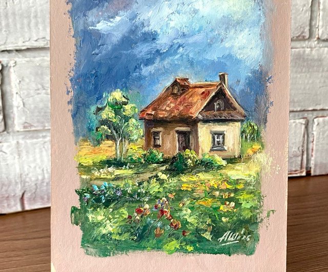 家の絵 野の花の風景画 オリジナル油彩アート - ショップ AsheArt