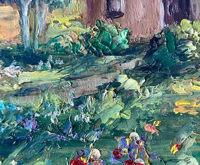 家の絵 野の花の風景画 オリジナル油彩アート - ショップ AsheArt