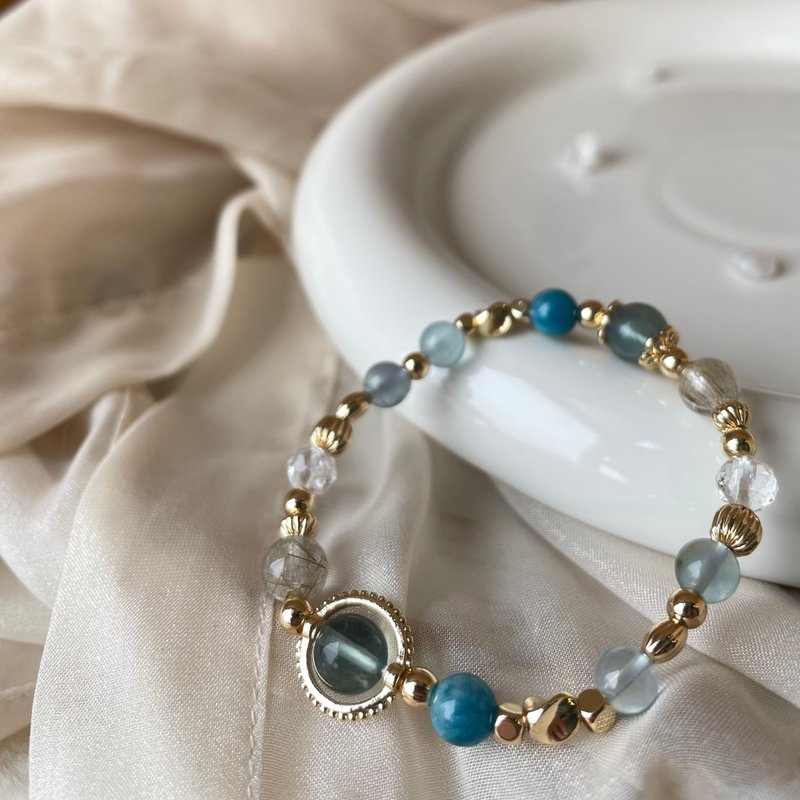 /藍絲之湖/藍螢石 藍磷灰 銅髮晶 海藍寶 白水晶 增加自信心 - 手鍊/手環 - 水晶 藍色