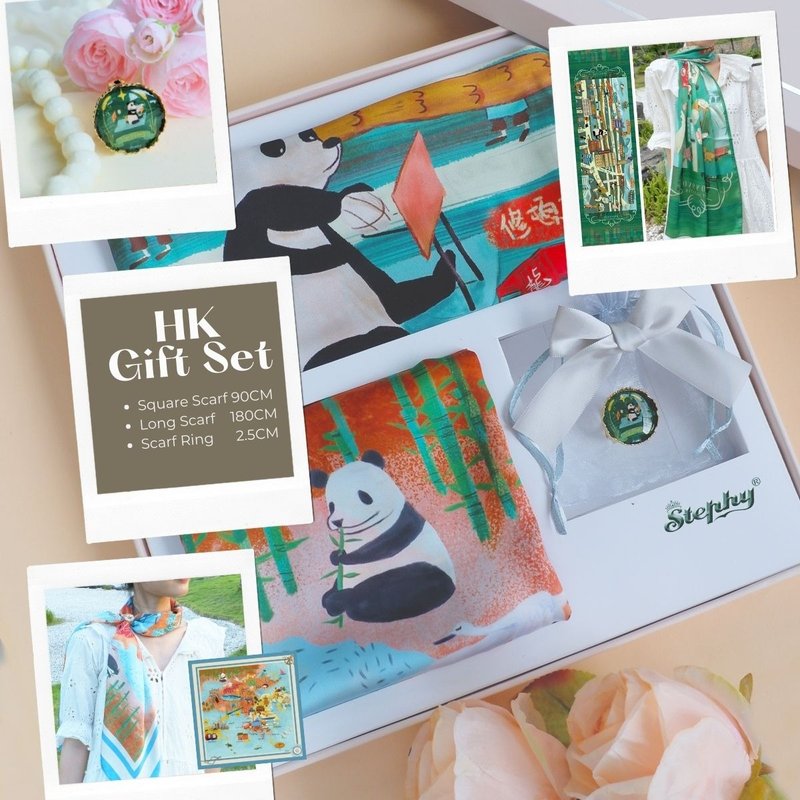 [shawl + large silk scarf set] Hong Kong specialty silk scarf premium gift box + handmade silk scarf button (three-piece set) - ผ้าพันคอ - วัสดุอื่นๆ 