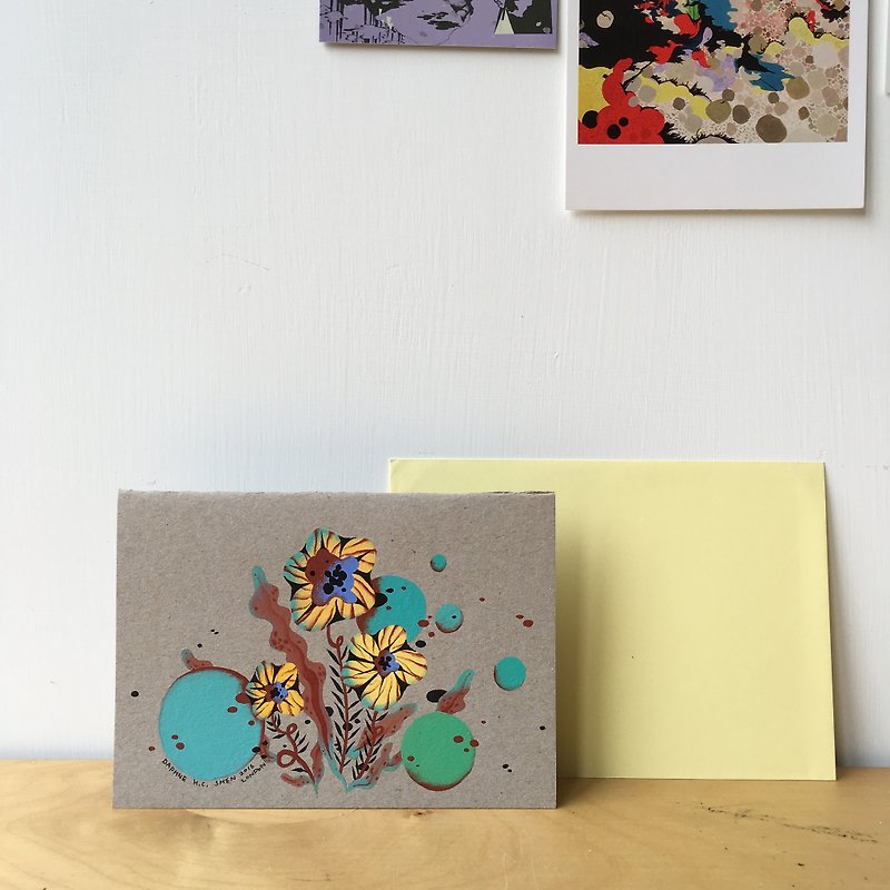 英國手繪卡片 灰底厚紙卡童話波浪葉子黃綠色花朵卡片 生日禮物 - 卡片/明信片 - 紙 灰色
