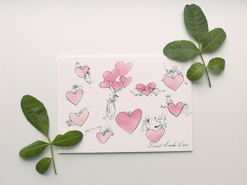 イラスト入り猫ポストカード-LOVE - カード・はがき - 紙 ピンク