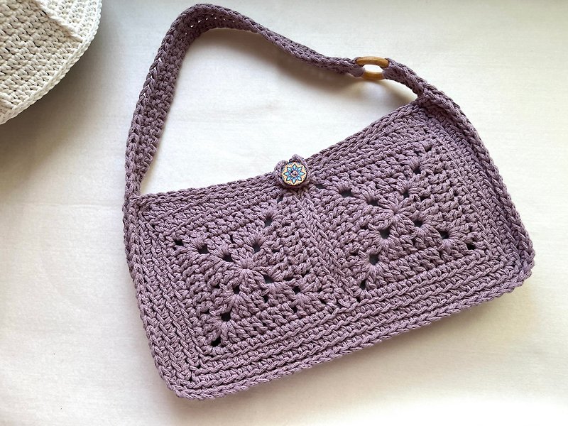 Lotus root purple window flower splicing hand crochet underarm bag handbag - Handbags & Totes - Cotton & Hemp 