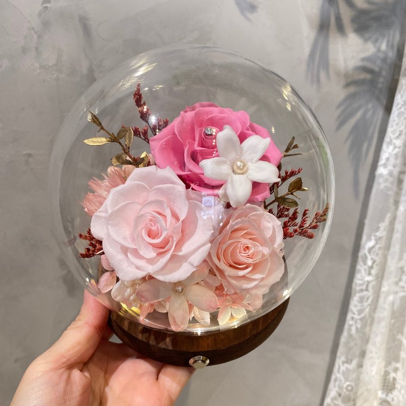 粉色系 水晶球小夜燈 永生花 送禮 客製色系 - 乾燥花/永生花 - 植物．花 粉紅色