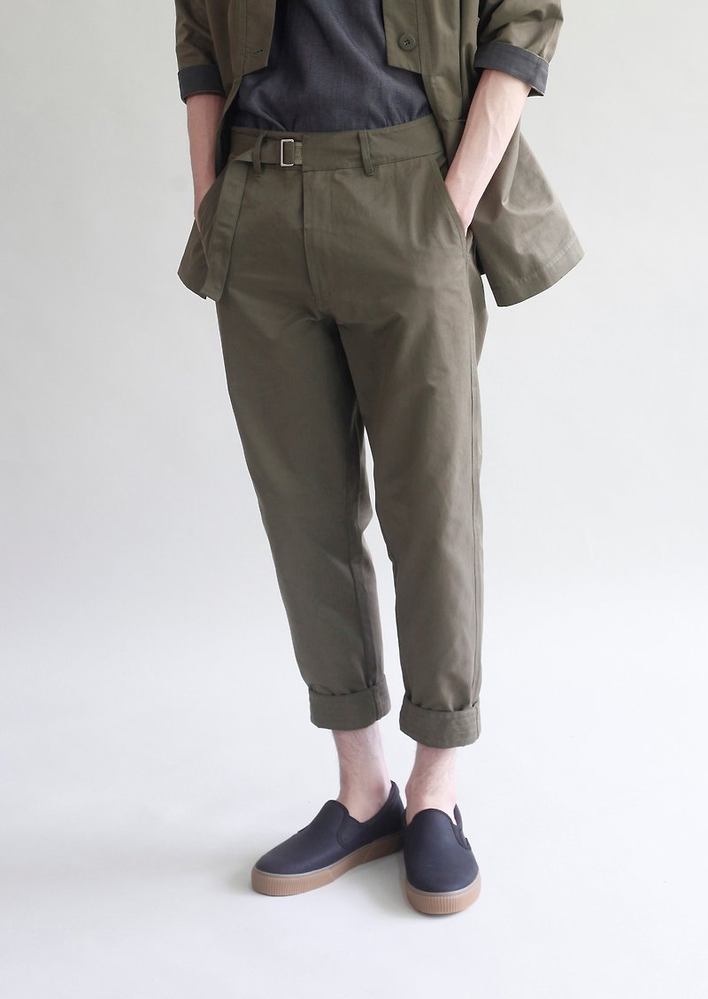 Half Belted Trousers - กางเกงขายาว - ผ้าฝ้าย/ผ้าลินิน สีเขียว