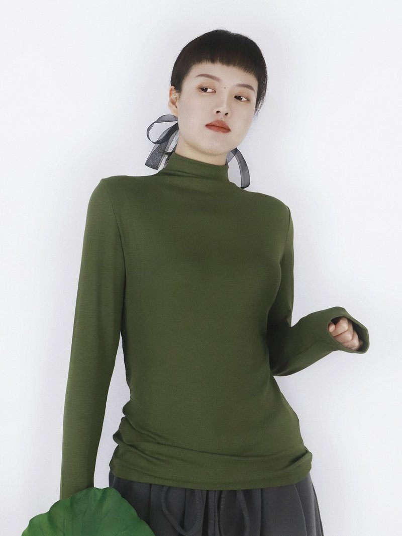 Hand-threaded low turtleneck inner T-shirt low turtleneck basic long-sleeved Tee - Women's T-Shirts - Other Materials Green