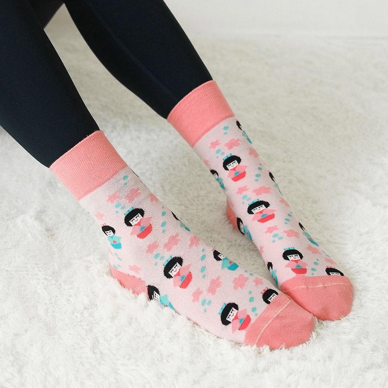 SS23 [Girlfriend Gift/Free Shipping] Kimono Doll 3/4 Women's Socks│Texture Gift Box Packaging - ถุงเท้า - ผ้าฝ้าย/ผ้าลินิน สึชมพู