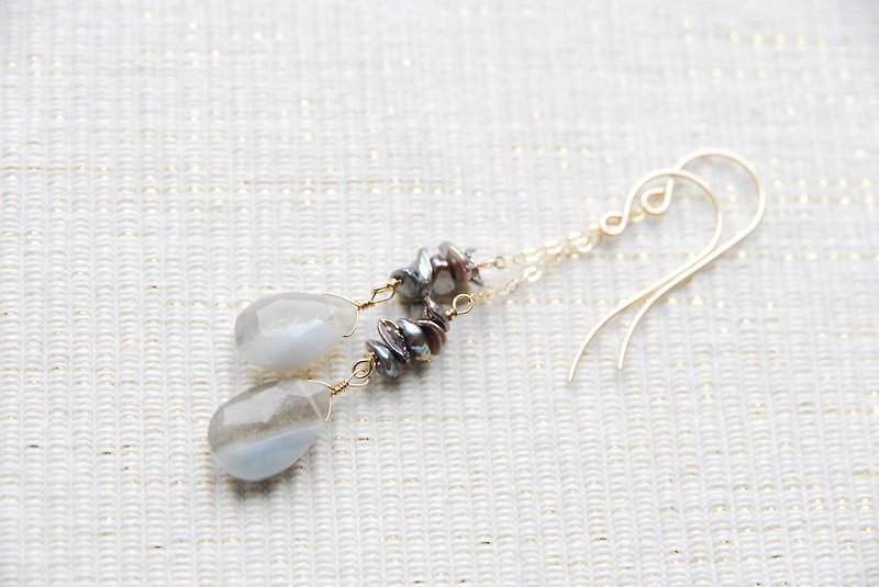 Striped opal and poppy tip earrings black 14kgf - Earrings & Clip-ons - Semi-Precious Stones Blue