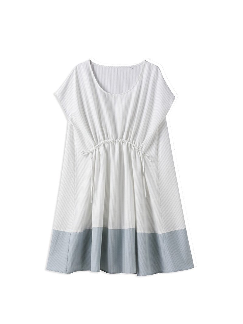 梅芙短袖條紋連衣裙 - 洋裝/連身裙 - 聚酯纖維 白色