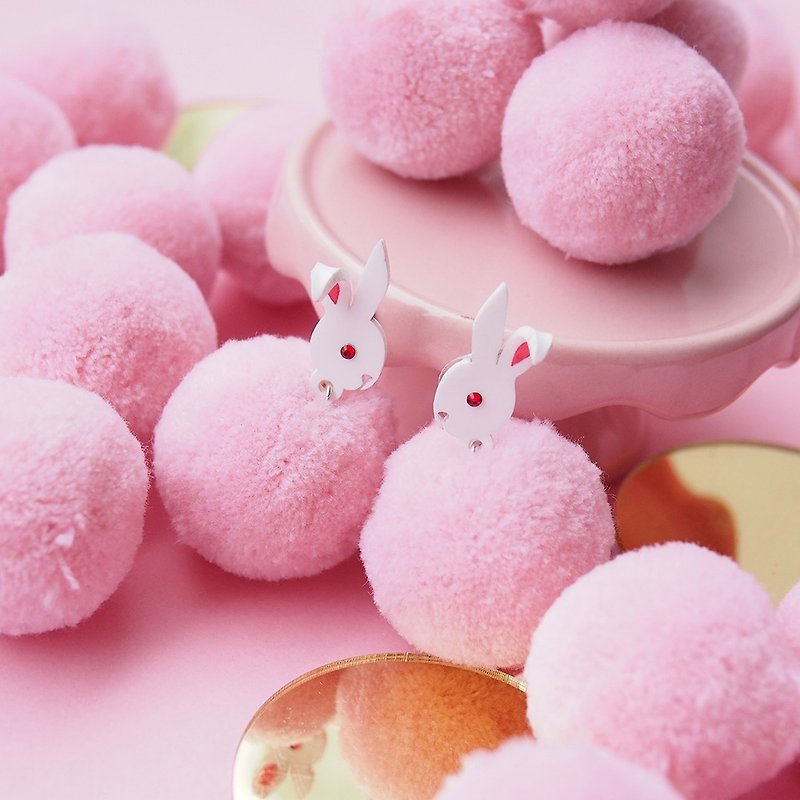 兔子毛毛球耳環 - 耳環/耳夾 - 壓克力 粉紅色