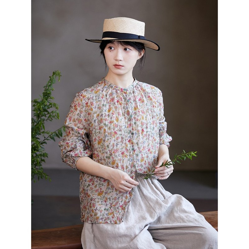 Gray floral silk cotton light pleated women's shirt - Women's Shirts - Cotton & Hemp 