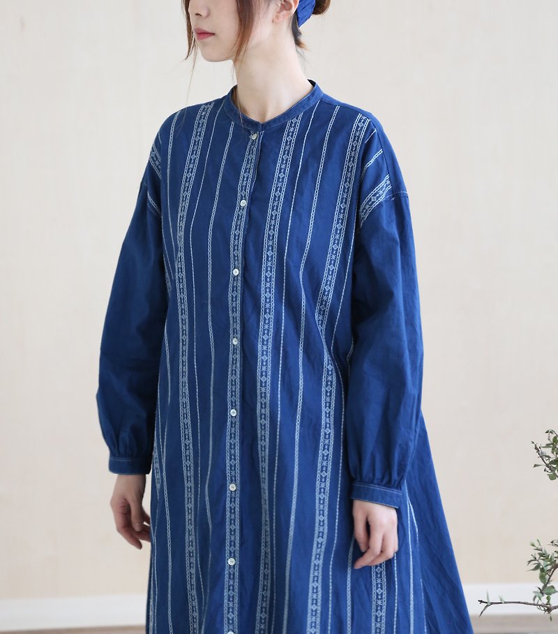 Summer Bohemian Blue Dyeing Dress - ชุดเดรส - ผ้าฝ้าย/ผ้าลินิน สีน้ำเงิน