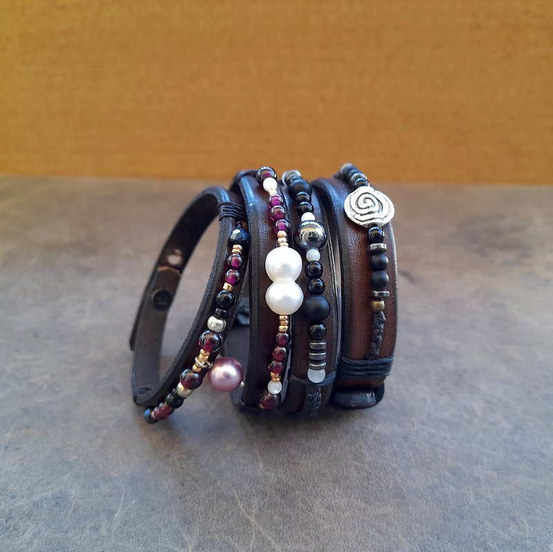 Stacking Bracelets Set, Handmade Leather Gemstone Bracelets Stack, Bead Bracelet - 手鍊/手鐲 - 寶石 咖啡色