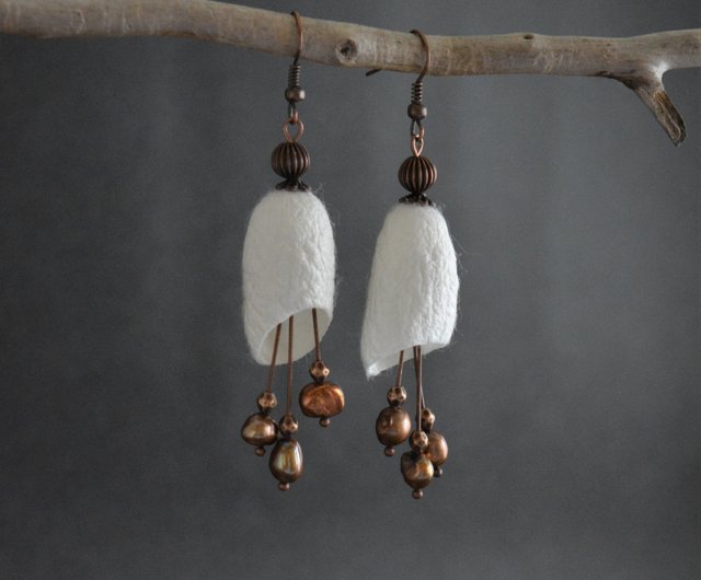 Silkworm cocoon earrings with dark golden pearls Lightweight big