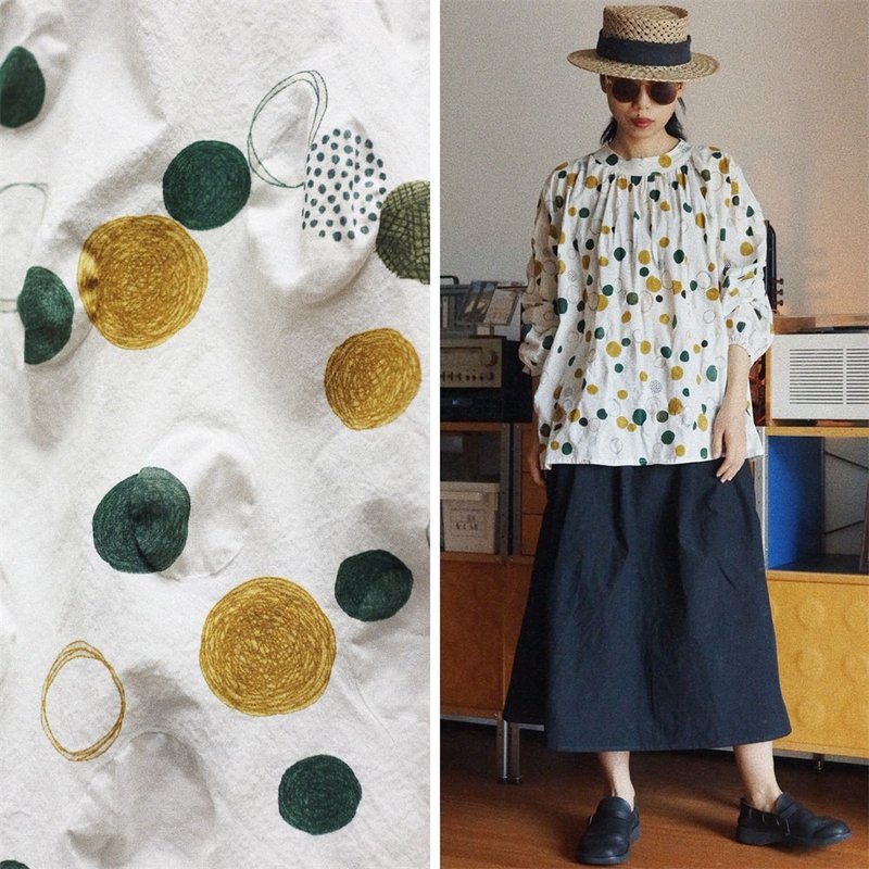 Yellow-green polka dot French retro all-match blouse Japanese imported Kokka natural pure cotton lantern sleeve top - เสื้อผู้หญิง - ผ้าฝ้าย/ผ้าลินิน ขาว