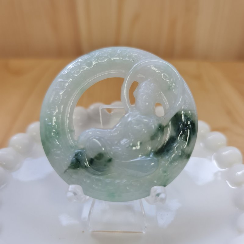 Ice glue handmade hollowed-out Guanyin tablet | Natural Burmese jade A grade jadeite - Charms - Jade 