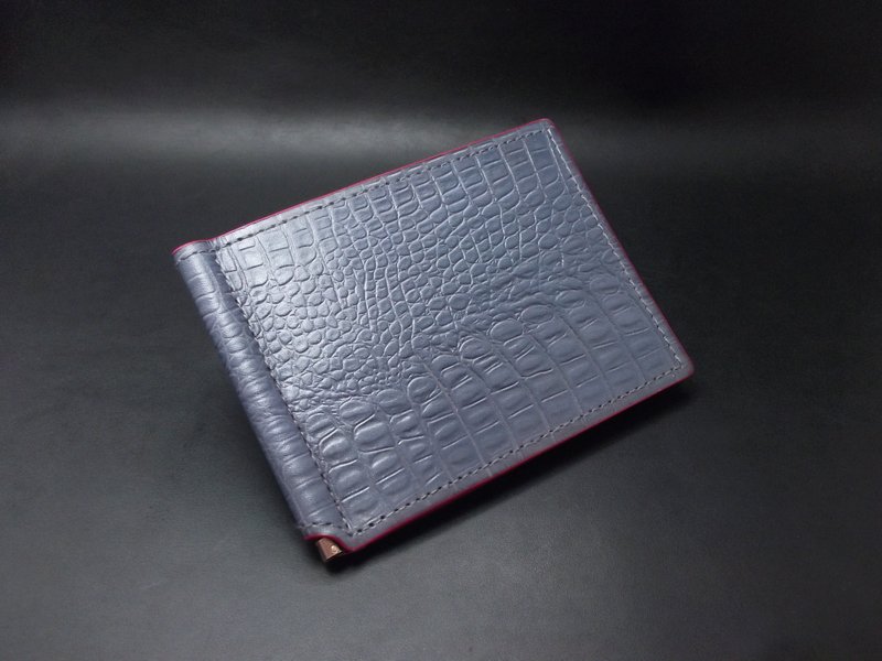 APEE leather handmade ~ banknote clip ~ crocodile stripe ~ blue gray / pink - Wallets - Genuine Leather 