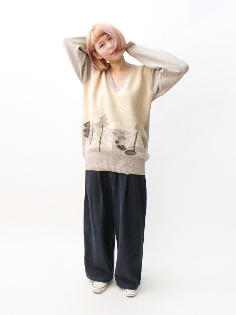 [] RE1204SW010 khaki beige stitching loose wool vintage sweater Forest - สเวตเตอร์ผู้หญิง - ขนแกะ สีกากี