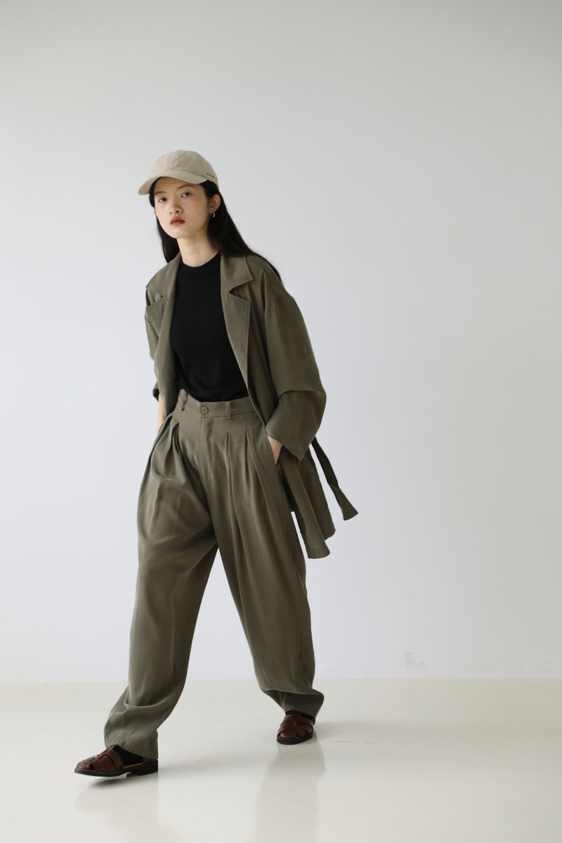 中長款寬鬆風衣外套 橄欖綠 I Olive Green Short Trench Coat - 女西裝外套 - 棉．麻 