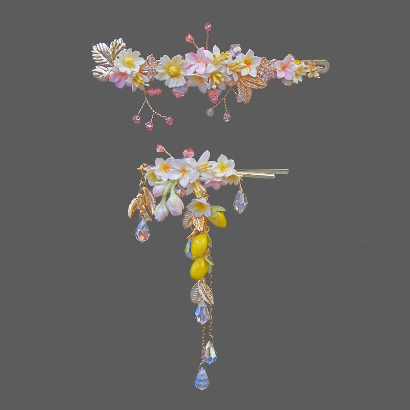 溫柔鄉檸檬緬梔花牆可拆式三件髮夾 - 髮夾/髮圈 - 黏土 白色