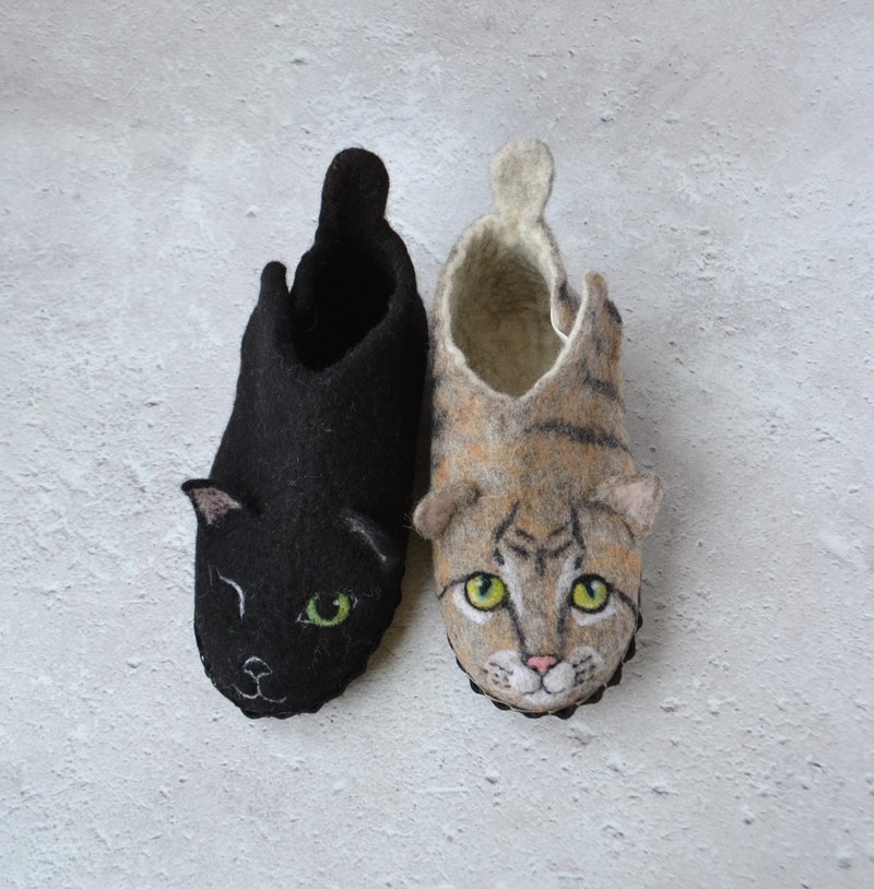 Personalized felted wool cat slippers for kids Custom toddler warm home shoes - รองเท้าเด็ก - ขนแกะ ขาว