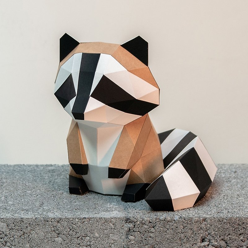DIY hand-made 3D paper model ornaments wall ornaments small animal series-cute little raccoon - Stuffed Dolls & Figurines - Paper Khaki