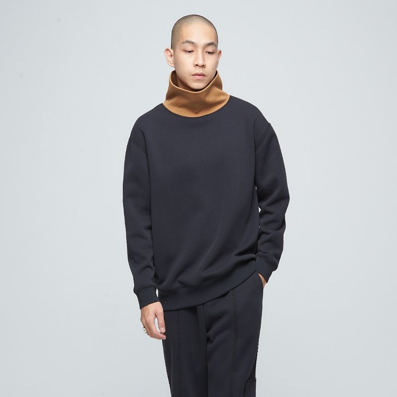 【50%OFF期間限定】台湾デザイン-カットオフハイネックコントラストカラースウェットシャツ（メンズ）-チャコールブラック - Tシャツ メンズ - ポリエステル ブラック