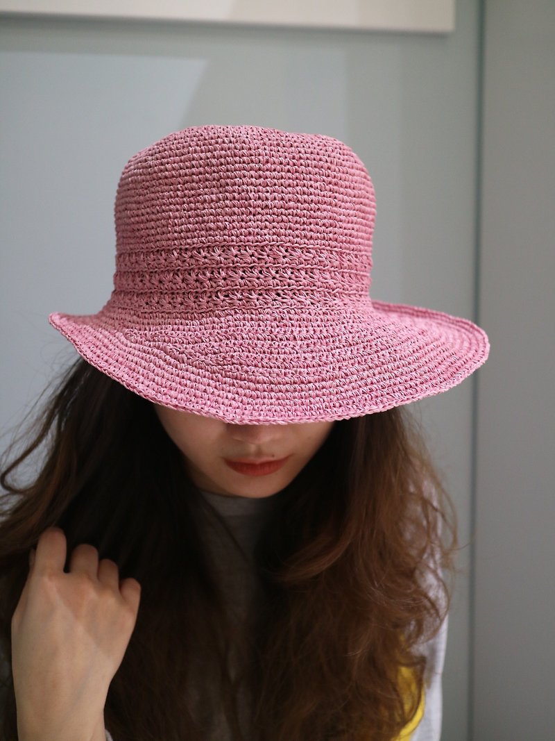紙 帽子 粉紅色 - hat for woman手工鉤針草帽遮陽帽拉菲亞草帽婦女帽母親節禮物