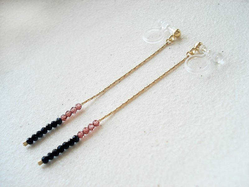 14KGF Garnet and Black spinel long chain, clip on earrings 夾式 - Earrings & Clip-ons - Semi-Precious Stones Pink
